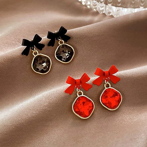 AWJ-166 Bow Shape Korean Earrings- Black /Red