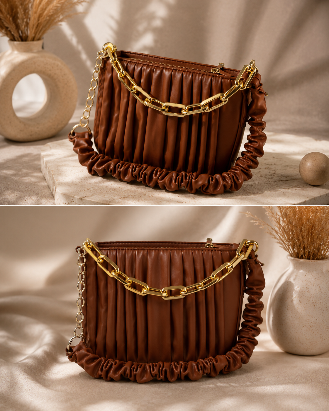 Ruched Pleated Crossbody Bag with Chunky Gold Chain