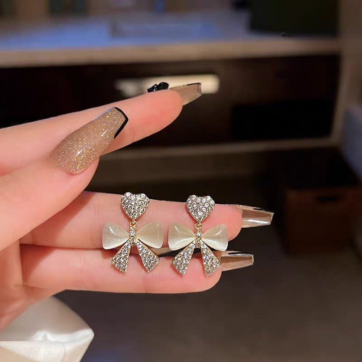 Heart Bow Zircon Korean Stud Earrings for Women – Elegant Golden Alloy Earrings