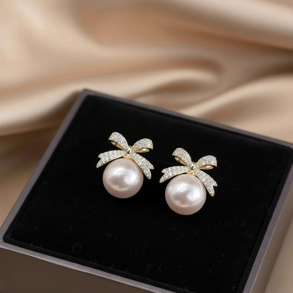 Bow sparkle diamond pearl stud earrings / Pearl Earrings Women's Earrings for Gift - Golden