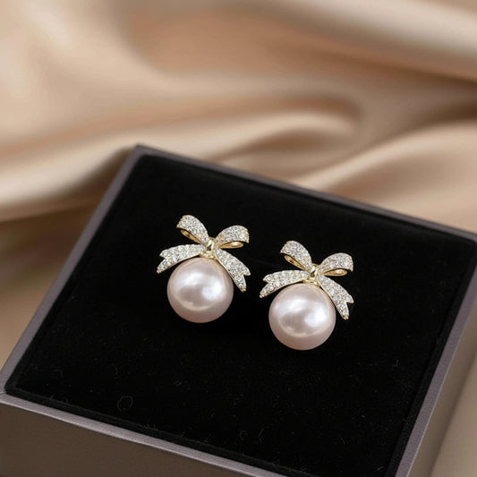 Bow sparkle diamond pearl stud earrings / Pearl Earrings Women's Earrings for Gift - Golden
