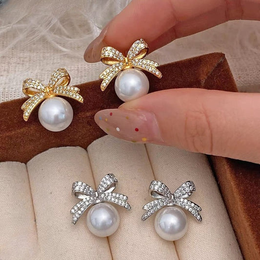 Bow sparkle diamond pearl stud earrings / Pearl Earrings Women's Earrings for Gift - Golden