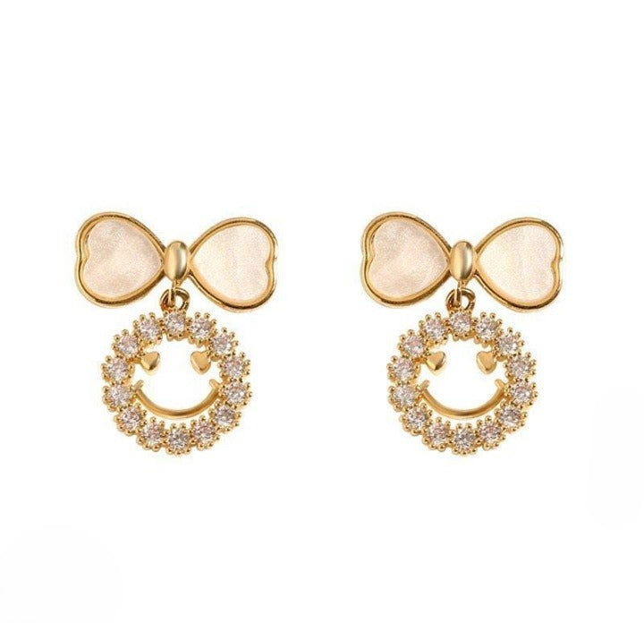 PXT-988 Smiley Face Zircon Korean Earrings – Elegant Bow & Crystal Circle Design - Available In Goden And Silver Color - Golden