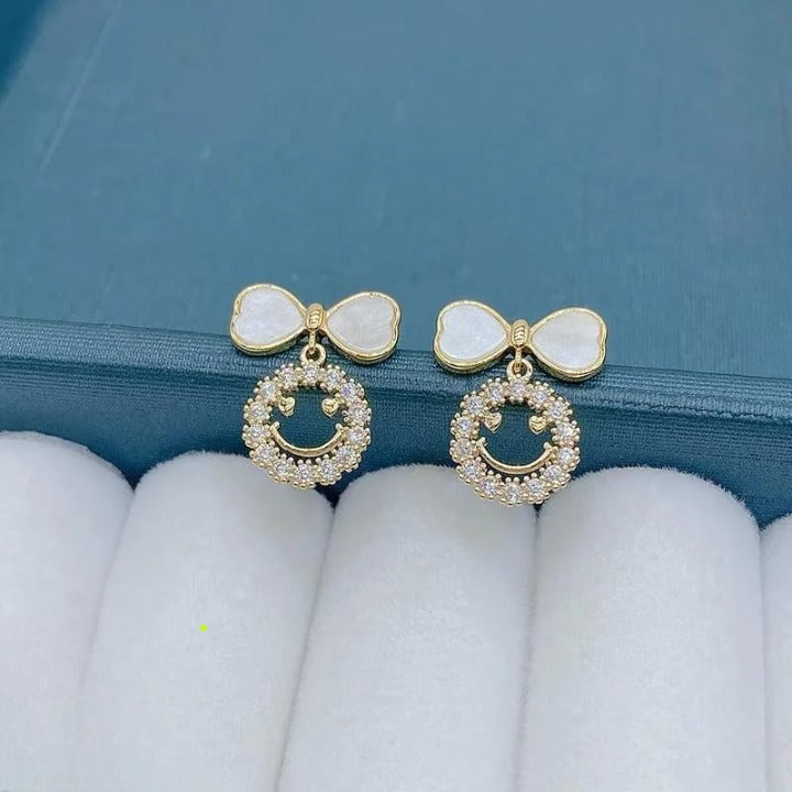 PXT-988 Smiley Face Zircon Korean Earrings – Elegant Bow & Crystal Circle Design - Available In Goden And Silver Color - Golden