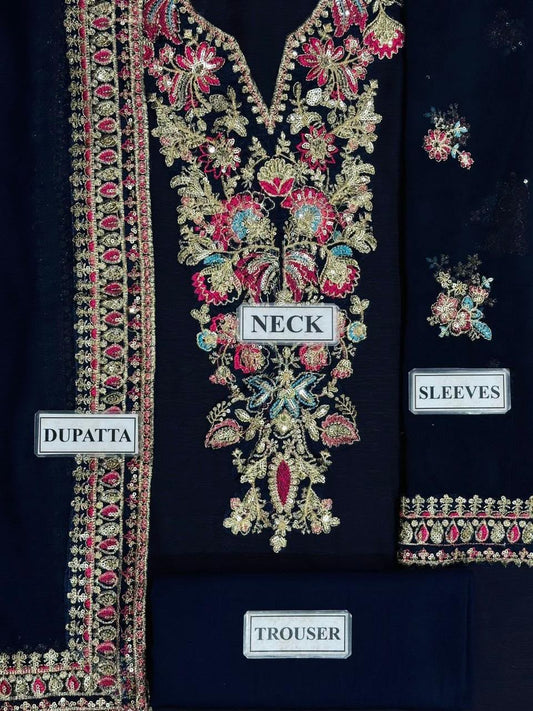 Baroque Replica Pure Chiffon Embroidered Suit - Unstitched 3Pc