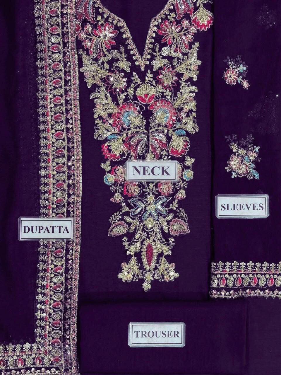 Baroque Replica Pure Chiffon Embroidered Suit - Unstitched 3Pc