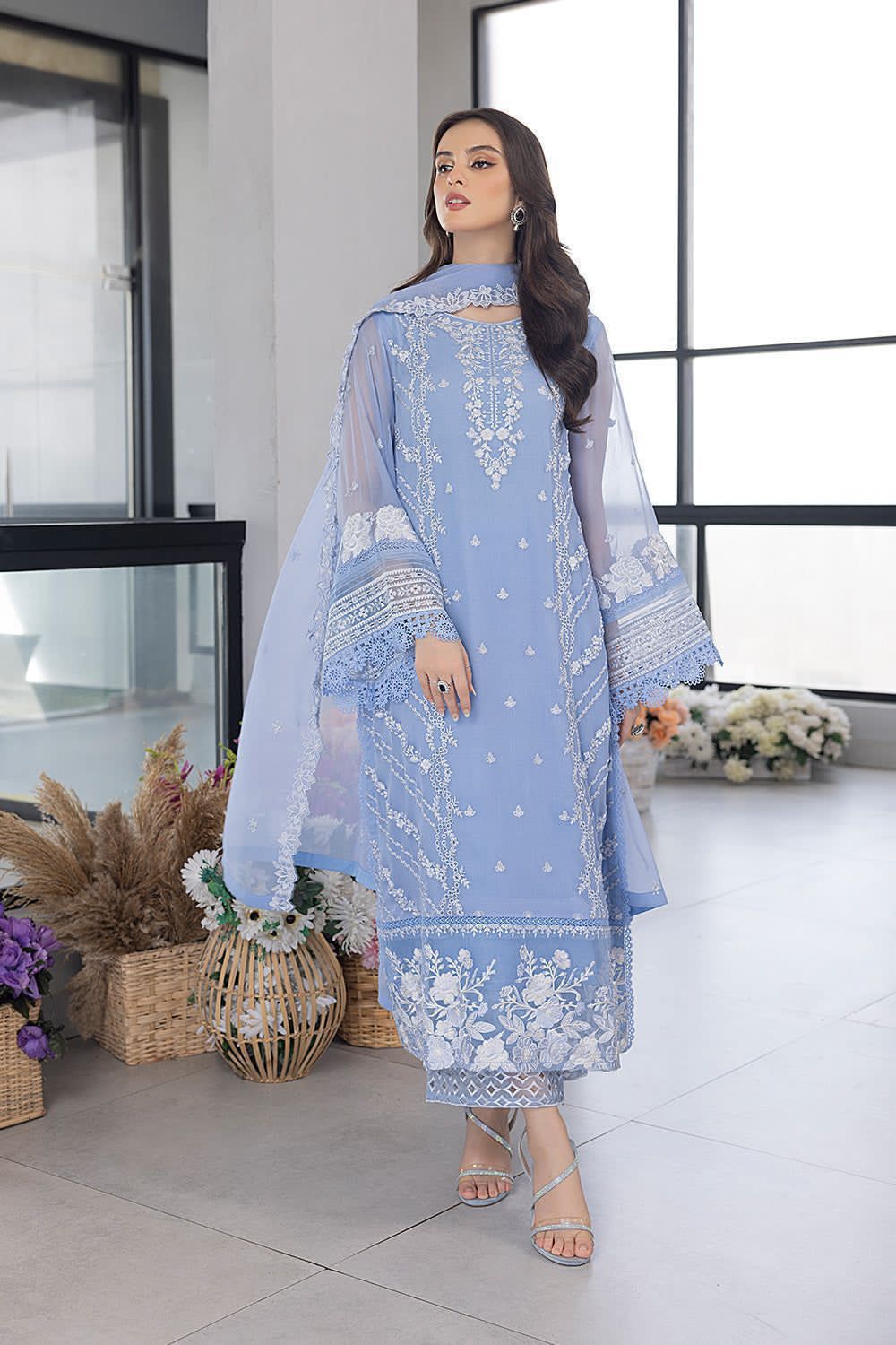 AZURE 3PC Organza Embroidered Suit | Thread and Sequins Organza Dupatta with Embroidered Trouser