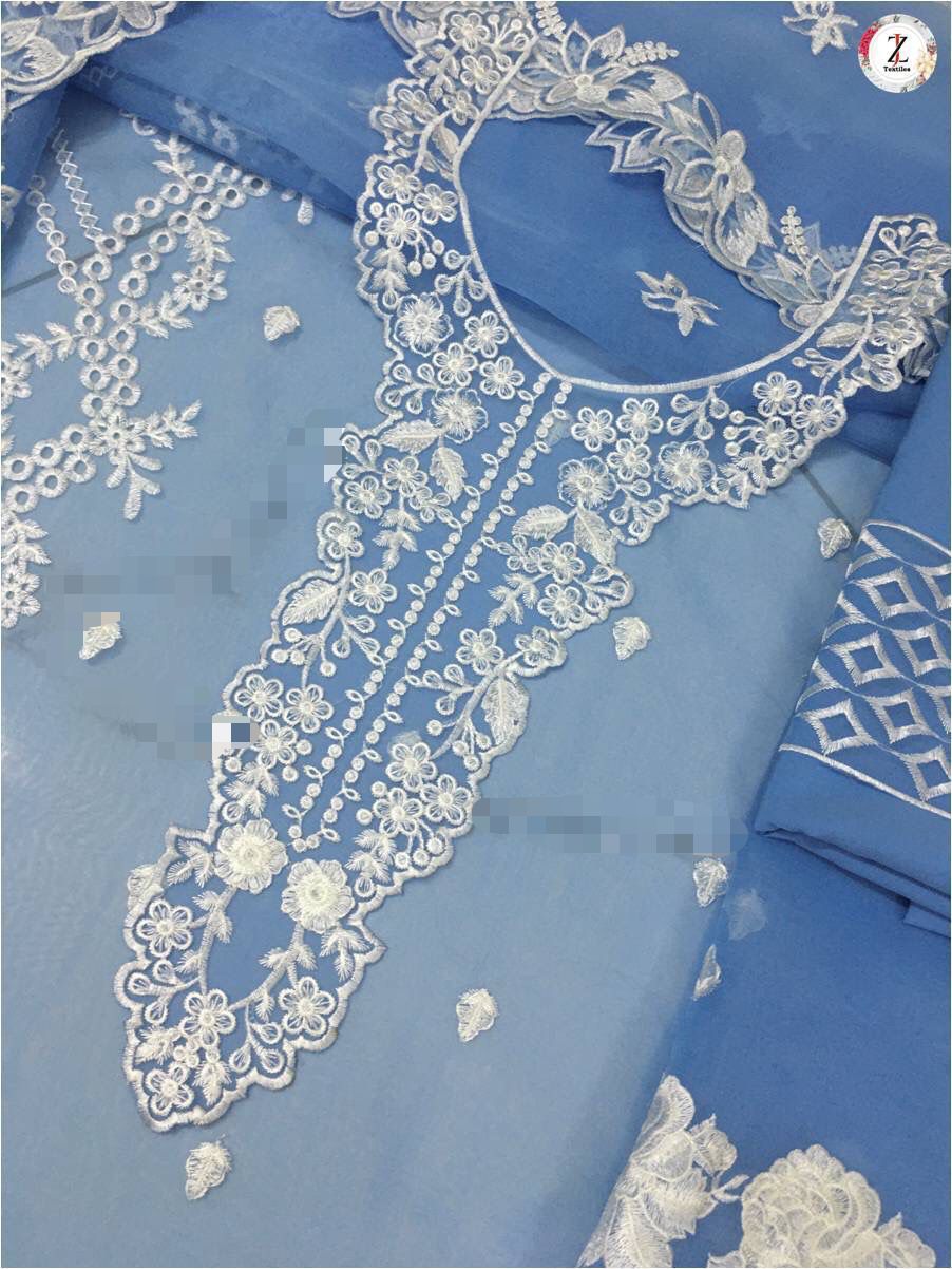 AZURE 3PC Organza Embroidered Suit | Thread and Sequins Organza Dupatta with Embroidered Trouser