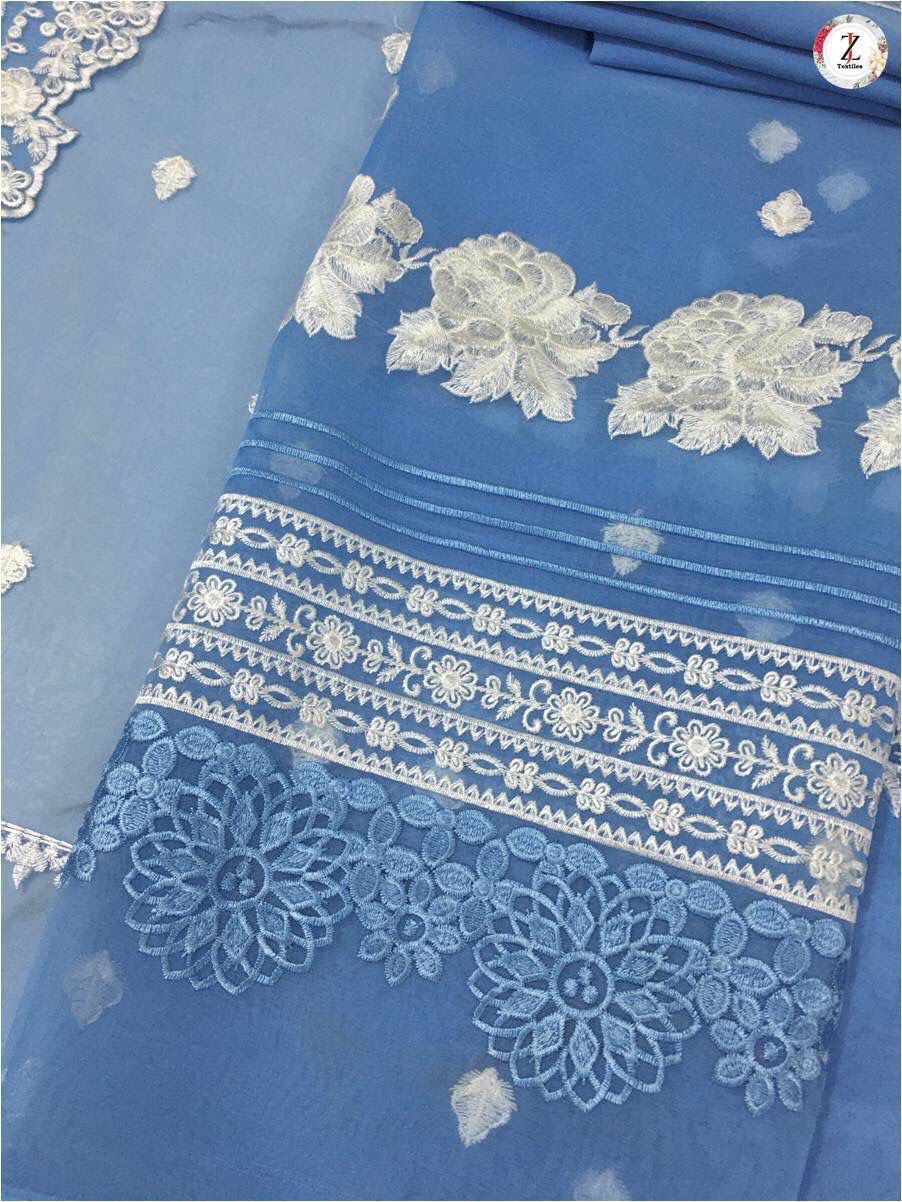 AZURE 3PC Organza Embroidered Suit | Thread and Sequins Organza Dupatta with Embroidered Trouser