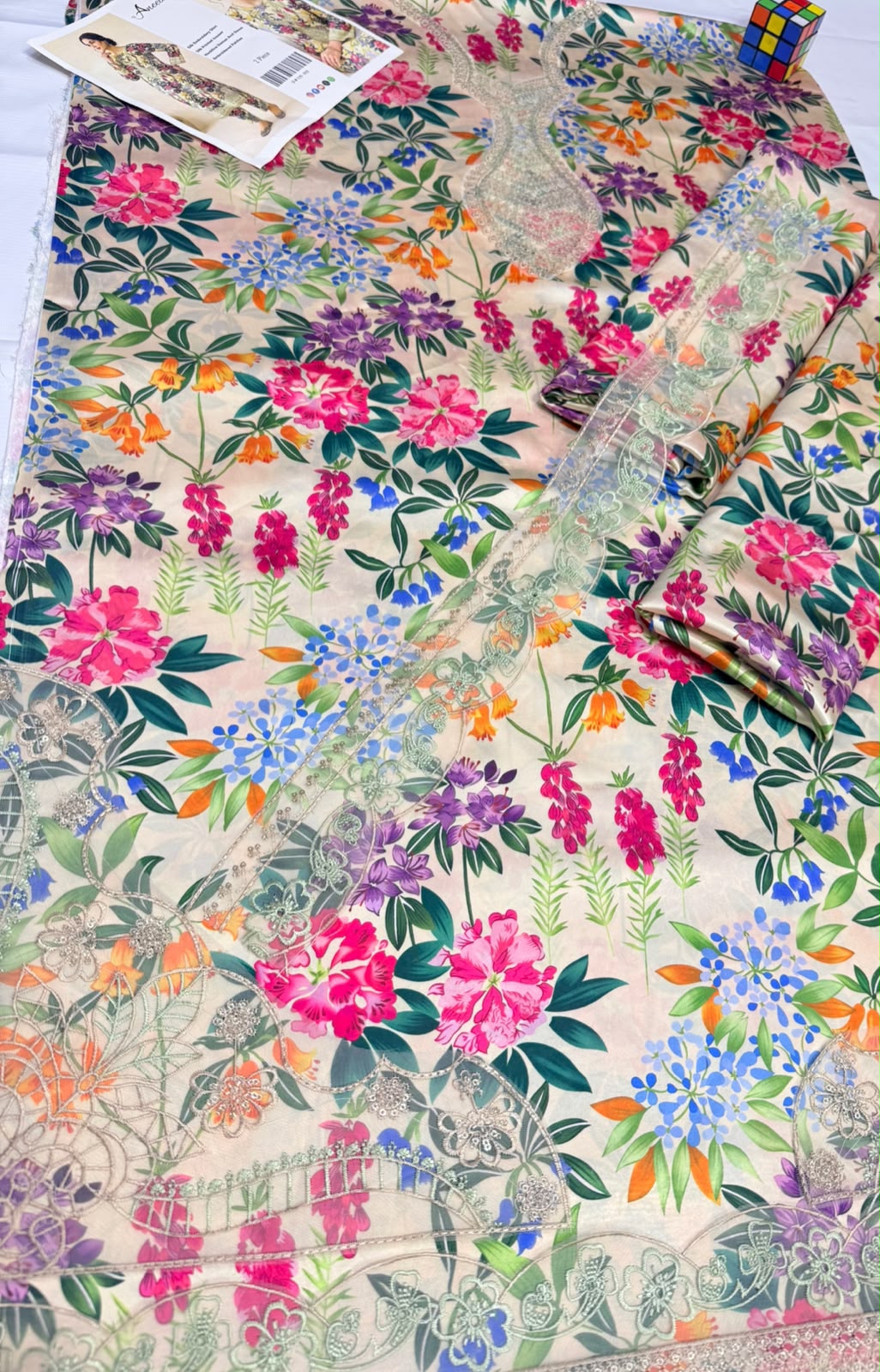 Baroque Silk 2PC 2026 | Printed Silk with Embroidery Patch | Neck Lace Trouser Set