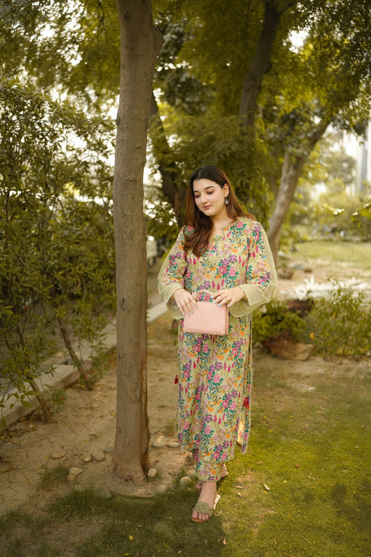 Baroque Silk 2PC 2026 | Printed Silk with Embroidery Patch | Neck Lace Trouser Set