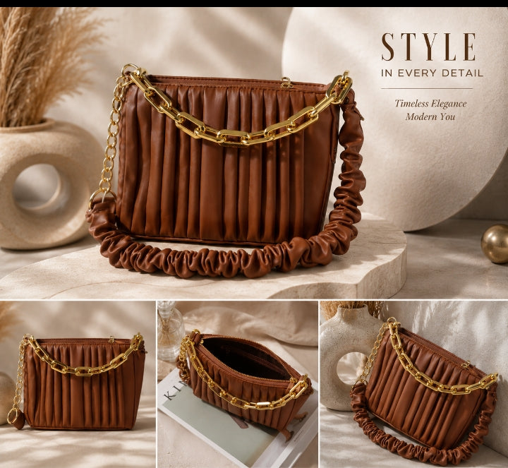 Ruched Pleated Crossbody Bag with Chunky Gold Chain