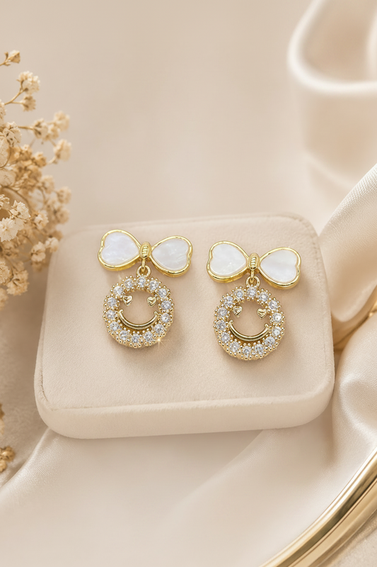 PXT-988 Smiley Face Zircon Korean Earrings – Elegant Bow & Crystal Circle Design - Available In Goden And Silver Color - Golden