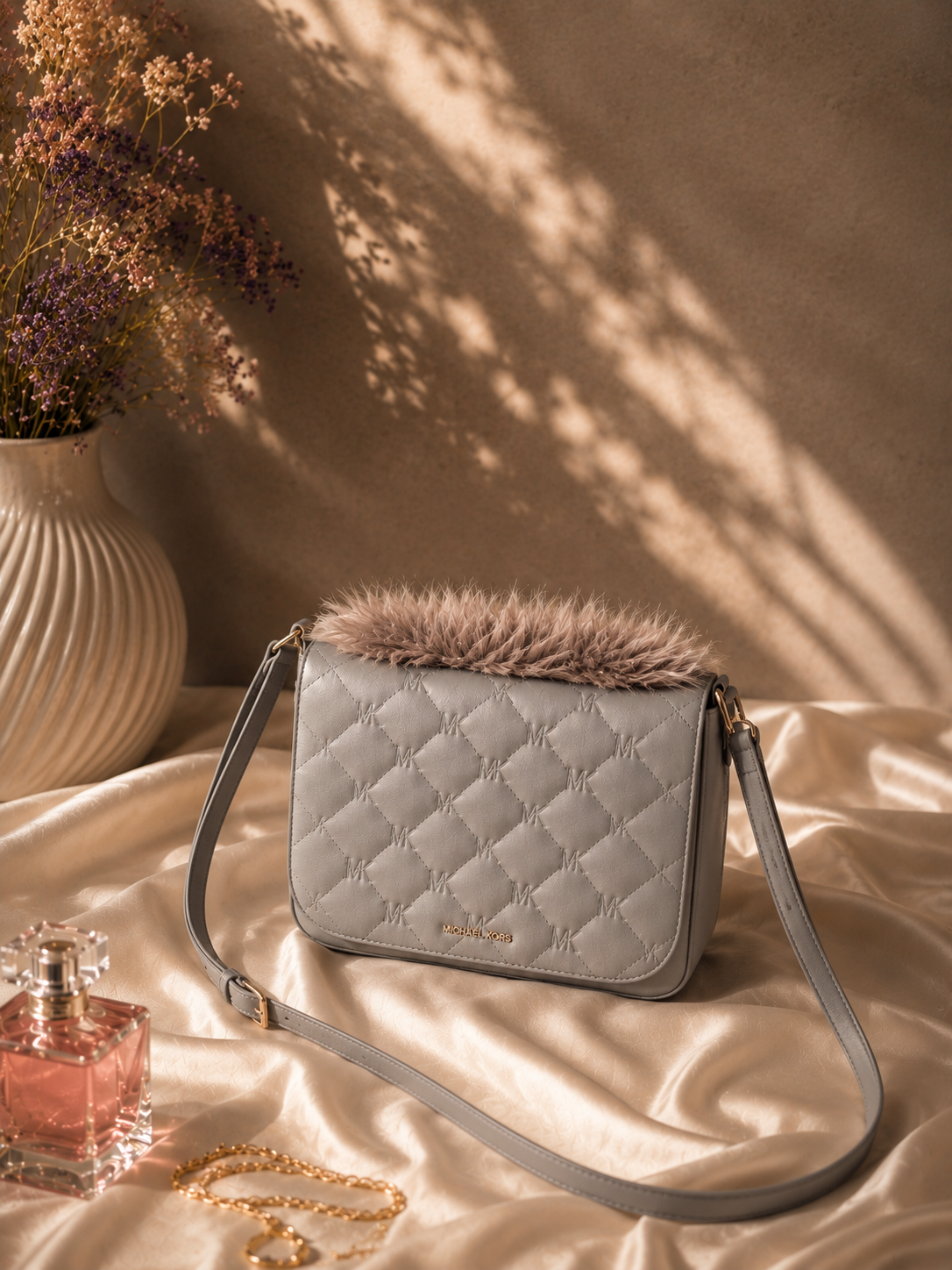 MK Inspired Quilted Sling Bag with Faux Fur Trim