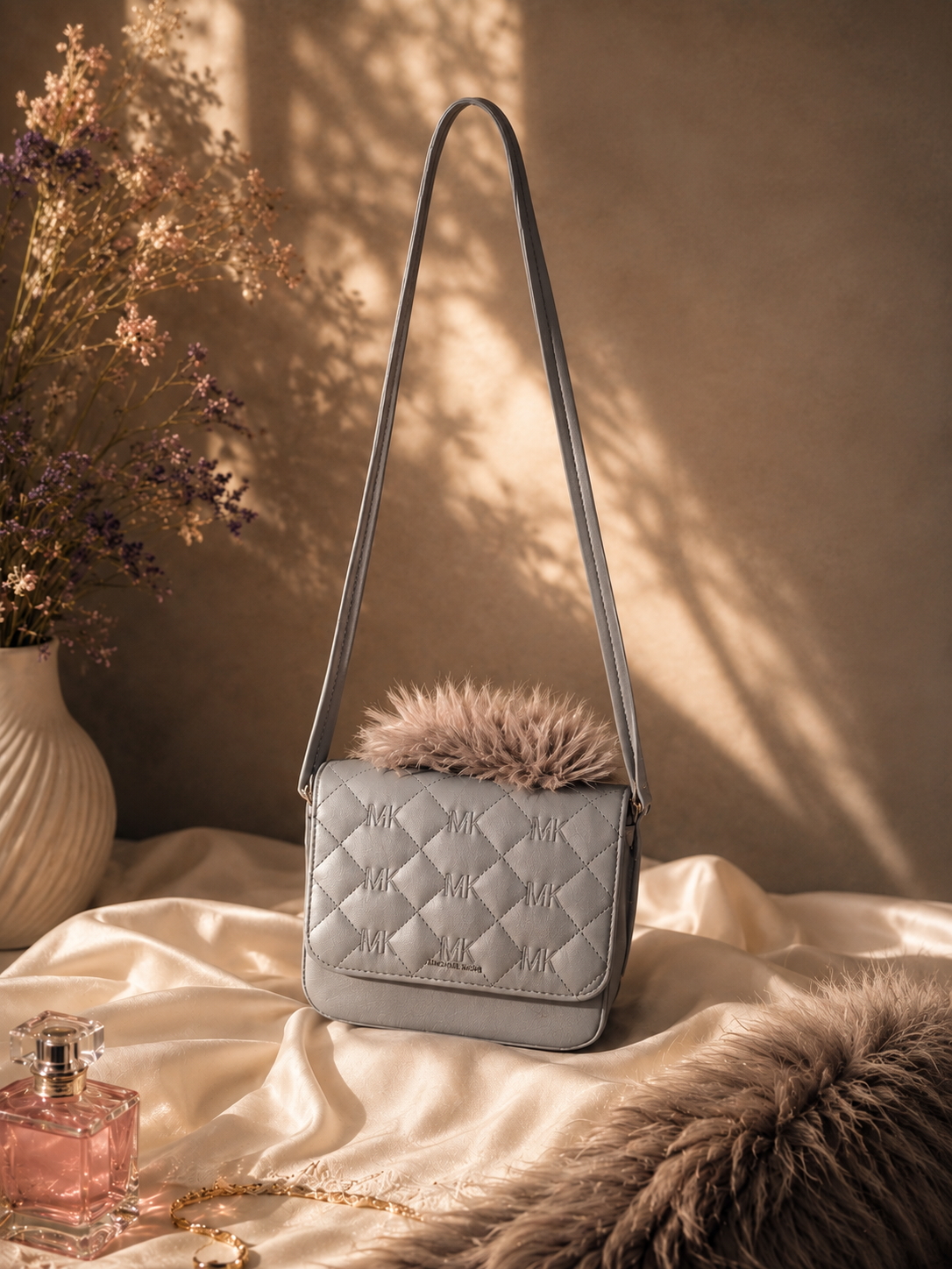 MK Inspired Quilted Sling Bag with Faux Fur Trim