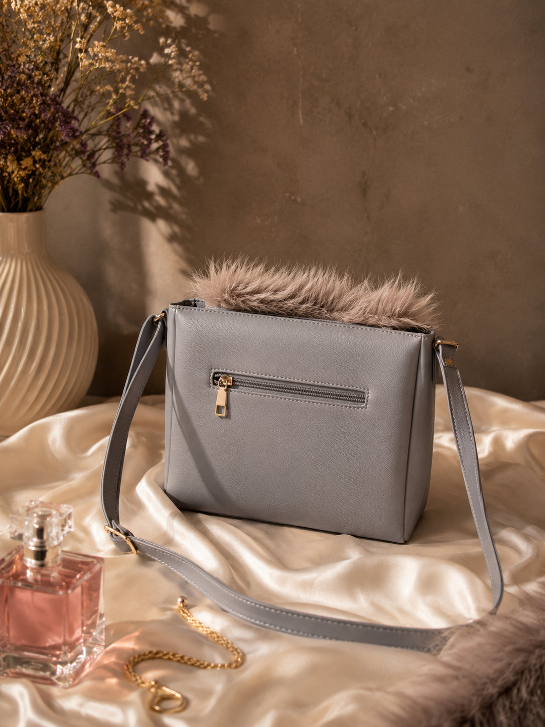 MK Inspired Quilted Sling Bag with Faux Fur Trim