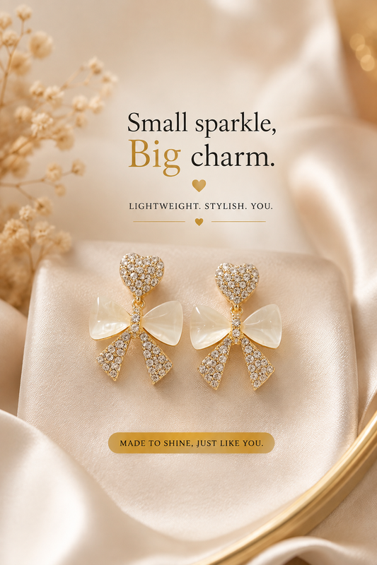 Heart Bow Zircon Korean Stud Earrings for Women – Elegant Golden Alloy Earrings